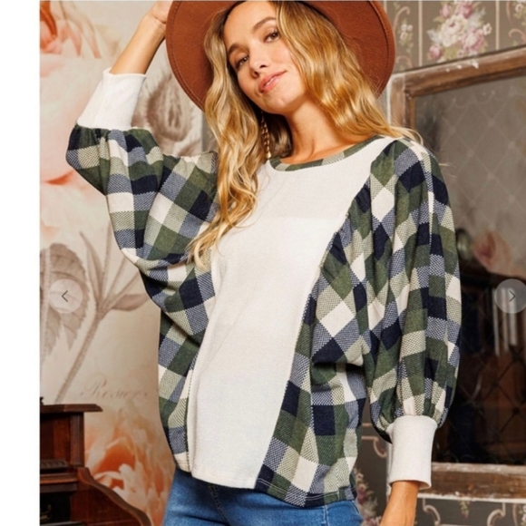 Boho Check Pattern Color Block Balloon Sleeve Top - Picture 3 of 4